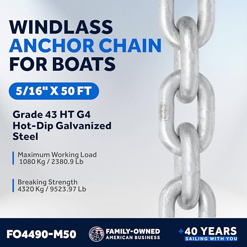 Five Oceans Marine Grade Windlass Anchor Chain 5/16 inch x 50 Ft Steel