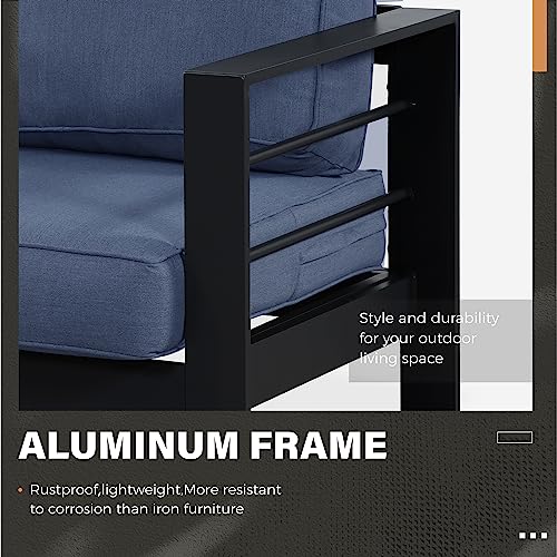Solaste Aluminum Patio Furniture Set 7 Seats Modern Outdoor Sectional Sofa with Coffee Table Blue Cushion