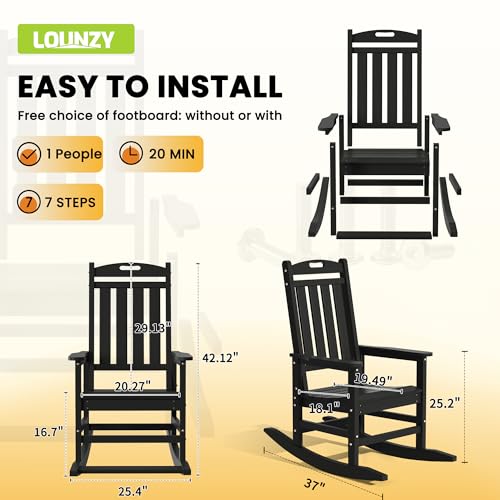 LOUNZY Outdoor Rocking Chair Set of 6 HDPE Patio Porch Rockers Black