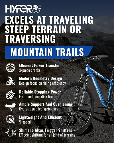 Hyper Mountain Bike 29 Inch Trail Bike with Shimano 9 Speed Shifters and Lightweight Aluminum Frame (Blue)