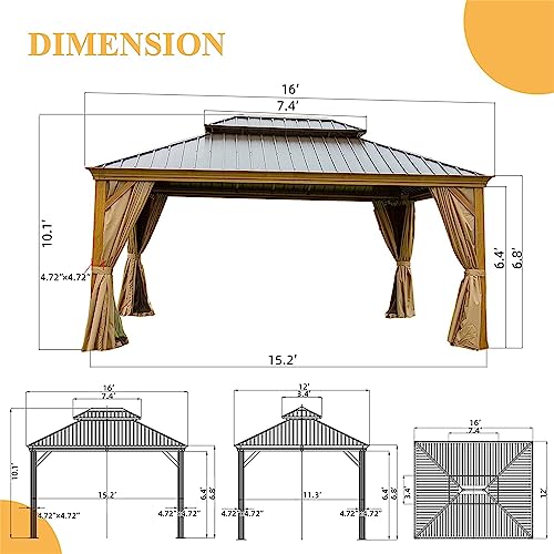 ANTSKU 12'x16' Hardtop Gazebo Yellow Brown Wood Looking