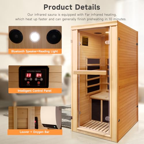 RIGO 1-Person Infrared Sauna Hemlock Wood with Bluetooth & LED Control 980W