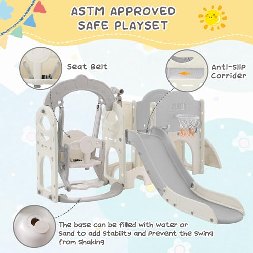 Miscoos 7-in-1 Toddler Playset with Slide, Swing & Basketball Hoop Gray+White
