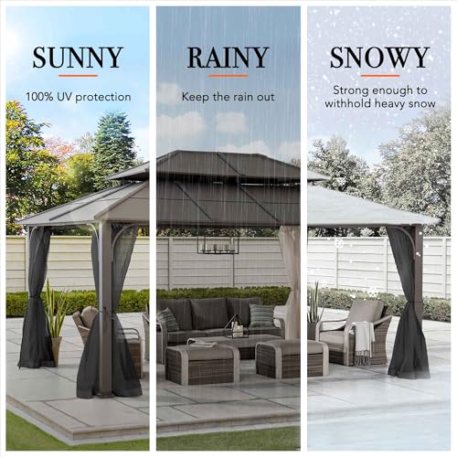 Sunjoy Hardtop Gazebo 12x16 ft Outdoor Heavy Duty Steel Frame Double Tiered with Ceiling Hook and Removable Netting Brown