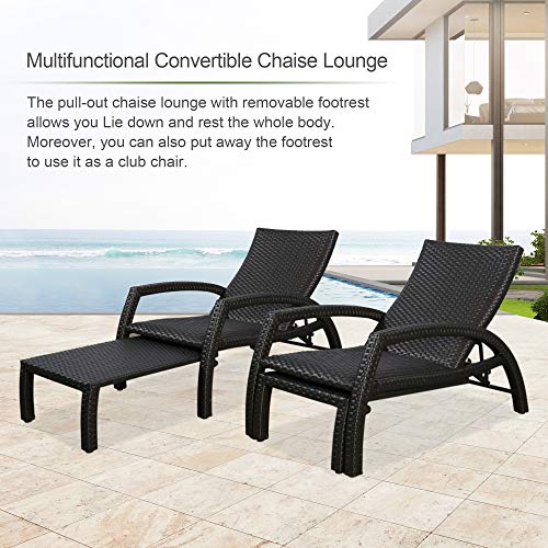 Iwicker Handwoven Rattan Chaise Lounge Chairs Set of 2 Black