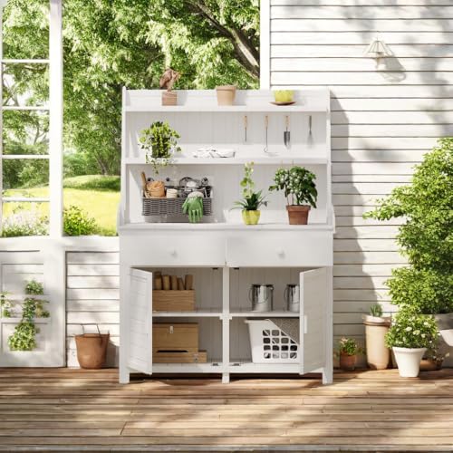 ChicFurnit Fir Wood Garden Potting Bench Table 65-inch Workstation with Storage Shelf Drawer Cabinet White