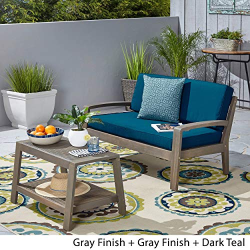 Great Deal Furniture Acacia Wood Loveseat and Coffee Table Set for Patio Gray Finish with Teal Cushions