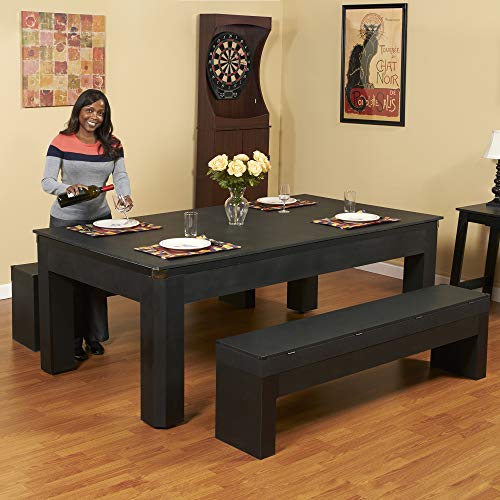 Hathaway Park Avenue 7-ft Pool Table Tennis Combination with Dining Top, Two Storage Benches - Black and Red Felt