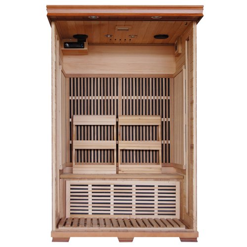 Blue Wave Radiant Saunas 2-Person Infrared Cedar Wood Sauna with Air Purifier, Chromotherapy Lighting, Music System, Carbon Heaters