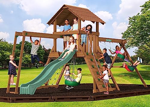 Creative Playthings LTD. Northbridge Pack 4 Wooden Swing Set with Climbing Wall, Swings & Slide, Yellow