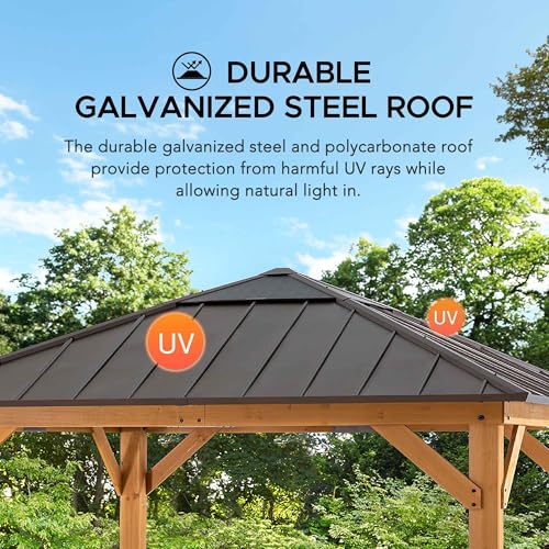 Sunjoy Hardtop Gazebo 11 x 11 ft Cedar Frame Brown Steel Polycarbonate Roof Brown + Natural Wood