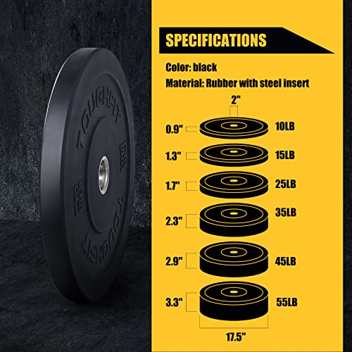 ToughFit Bumper Plate with Steel Insert - Rubber 2" Olympic Barbell Weightlifting Plates Set Black