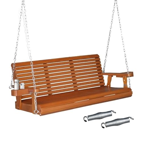 Brown Wood Porch Swing with Cup Holders and Phone Slot Water Resistant Brown