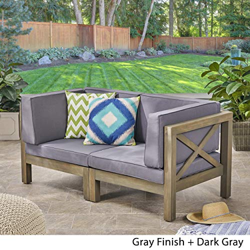 Great Deal Furniture Outdoor Sectional Loveseat Set 2-Seater Acacia Wood Water-Resistant Cushions Gray Finish + Dark Gray
