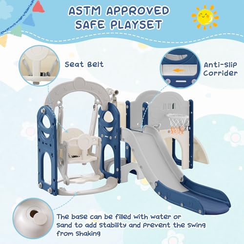 KOZYSFLER 8-in-1 Toddler Slide and Swing Set with Basketball Hoop Grey/Blue/White