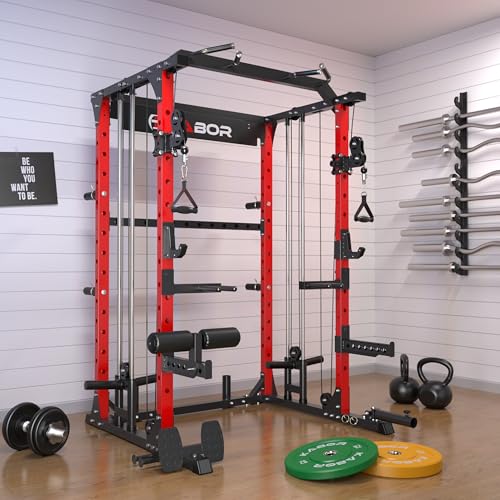 KABOR Power Cage 1800lbs Multi-Functional Power Rack with Dual Pulley System and Leg Holder TL100 Red