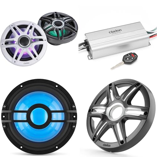 Clarion Marine 4 Channel Amp & 7.7" Speakers with 10" Grey Grill Boat Audio Bundle