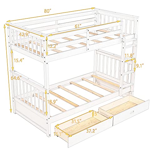 Jintop Twin-Over-Twin Bunk Bed with Ladders & Storage Drawers Walnut