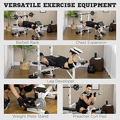 Soozier Adjustable Weight Bench with Squat Rack, Preacher Curl Pad, Leg Developer, Butterfly and Weight Storage Black and White