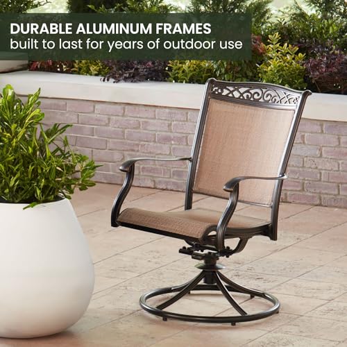 Hanover Fontana 5-Piece Patio Dining Set with Tan Sling Swivel Rocker Chairs and 48" Round Table