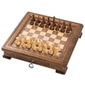 HandCraftoria 19.3" Handmade Wood Chess Set with Storage Drawer Bronze Symbols Brown