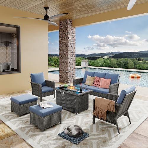 Yechen Patio Conversation Set with 44" Propane Fire Pit Table - 6 Pcs Blue Wicker Outdoor Furniture