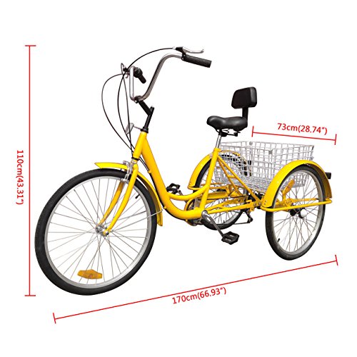 FVSTR GEESEN 24 Inch Adult Tricycle Trike 3 Wheel Bike 6 Speed Shift 6-Speed Gears, Scout Trike + Shopping Basket Yellow