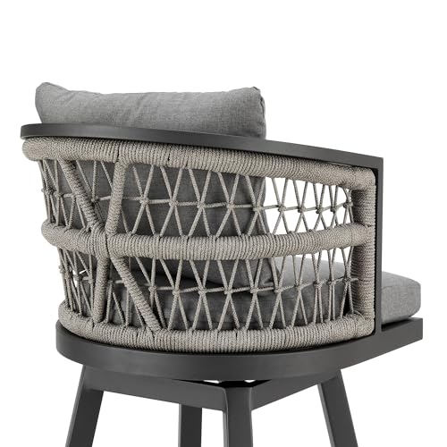Armen Living Zella Outdoor Patio Swivel Bar Stool Aluminum Light Gray Rope Earl Gray Cushions