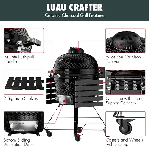 LuauCrafter 24-Inch Ceramic Charcoal Grill and Smoker with Cart Black