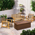 Noble House Breakwater 5-Piece Outdoor Wood and Wicker Loveseat Set Grey