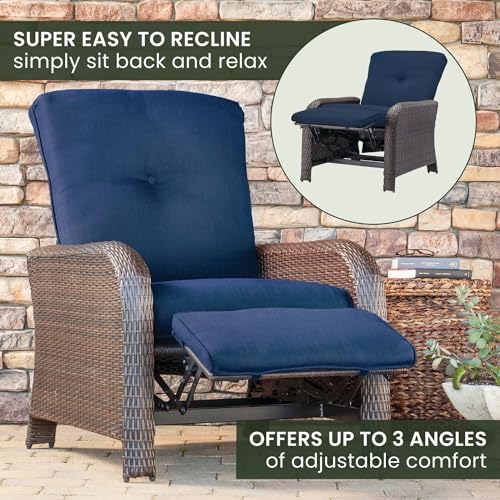 Hanover Strathmere Outdoor Recliner Chair with Navy Blue Cushions