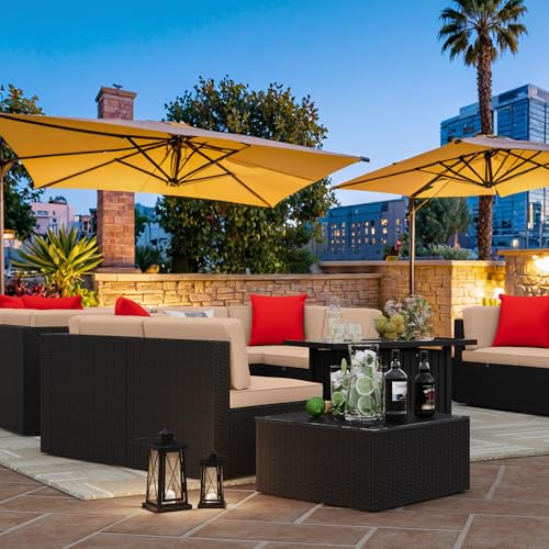 Greesum 13-Piece Patio Furniture Set with PE Rattan Sectional Sofa and 43in Gas Fire Pit Table Beige