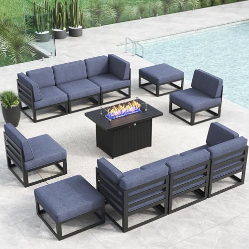 LayinSun Large Aluminum Patio Furniture Set with Fire Pit Table, 11 Pieces Outdoor Sectional Sofa Set Black/Navy Blue