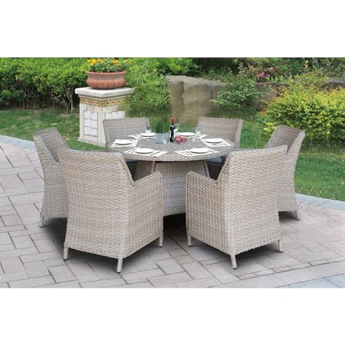 International Concepts Outdoor Wicker Patio Furniture Set with Round Table and 6 Chairs Natural