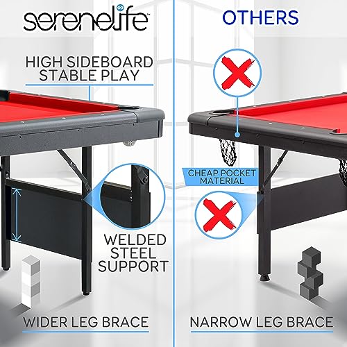 SereneLife 6-Ft Folding Pool Table - Portable Billiard Table - Includes 2X Cue Sticks, Full Set of Balls, Chalk, Brush - Foldable Pool Table for Kids and Adults (Red)