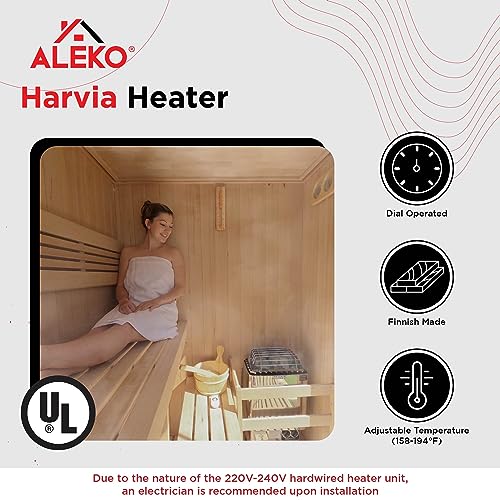 ALEKO Barrel Sauna Wet Steam Dry Indoor Outdoor White Finland Pine 3-4 Person Sauna UL Certified 4.5 kW Harvia Sauna Heater SB4PINE