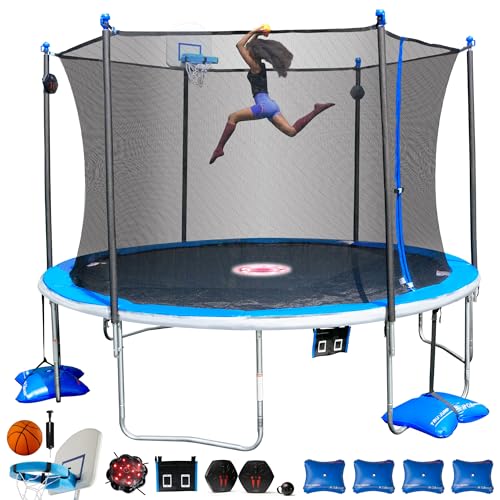 TruJump 12 FT Outdoor Trampoline with Basketball Hoop & Safety Net Blue