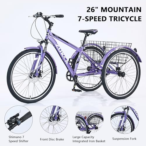 KOZYSFLER Ultimate Comfort 7-Speed Adult Tricycle 26-Inch Wheels Purple
