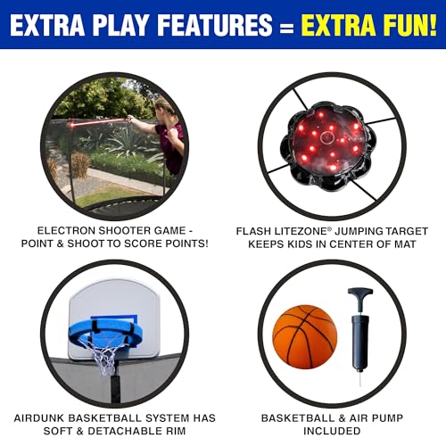 TruJump 14 FT Ultimate Multiplay Trampoline with Basketball Hoop & Safety Net Blue