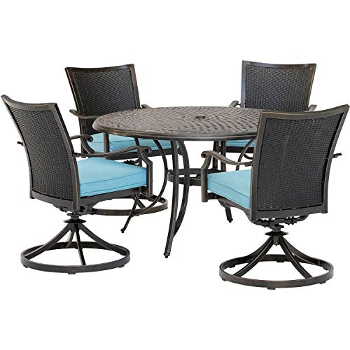 Hanover 5-Piece Outdoor Patio Dining Set for 4 with Cushioned Wicker Rocker Chairs and 48" Round Table Blue