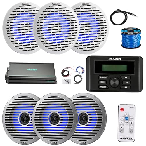 KICKER Marine USB Bluetooth AM/FM Receiver with 6-Channel Amplifier & 6X 6.5" Multicolor LED Boat Speakers