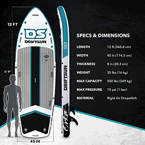 Driftsun Inflatable Paddle Board Teal 12ft x 45in Extra Wide Stand Up SUP Package