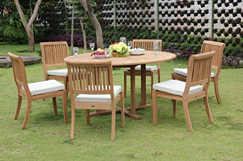 TeakStation 6 Seater Grade-A Teak Wood 7 Pc Dining Set 60" Round Table & 6 Chairs Teak
