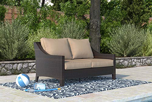 Serta Tahoe Brown Resin Wicker Outdoor Patio Loveseat with Thick Cushion
