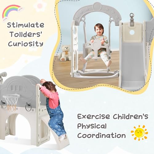 CUAUC 7-in-1 Toddler Slide & Swing Set with Basketball Hoop Grey+White