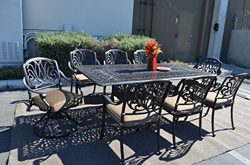 PatioLand Elizabeth Outdoor Patio 9pc Dining Set 44" x 84" Cast Aluminum Walnut