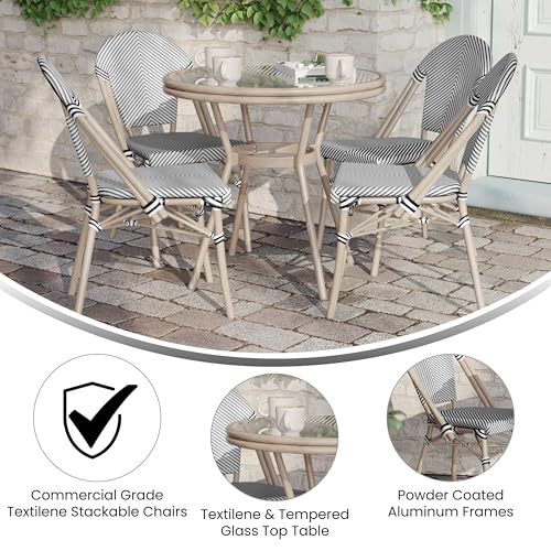EMMA + OLIVER Massalia Indoor/Outdoor Bistro Set - Black & White Textilene with Light Natural Frame