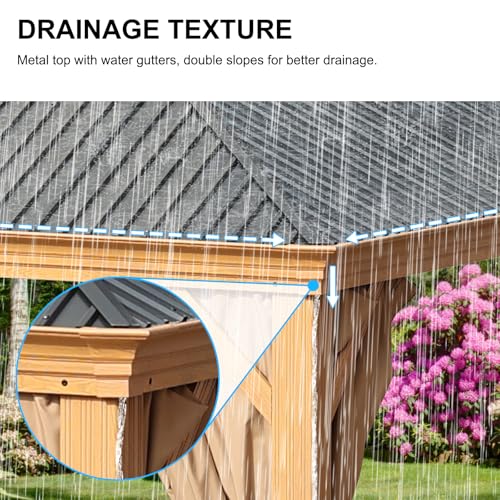 Aoodor 12' x 16' Aluminum Gazebo with Wood Grain Finish, 2-Tier Black Steel Roof, Curtains, and Netting Black/Wood Like Frame