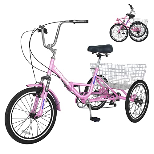 Barbella Adult Folding Tricycles 7 Speed 20/24/26 Inch 3 Wheel Cruiser Bike Light Pink