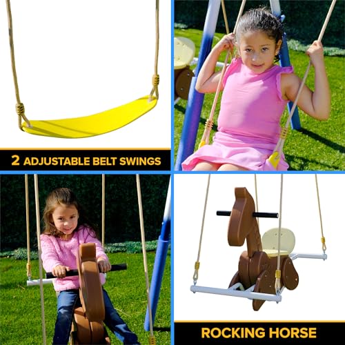 Sportspower Outdoor Super 8 Metal Swing Set with Slide & Swings Yellow/White/Blue